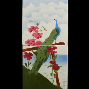 May include: Two ceramic tiles featuring a painted design of a peacock perched on a branch with pink flowers. The peacock has blue feathers on its head and green and blue feathers on its body. The background is a light blue sky with white clouds.