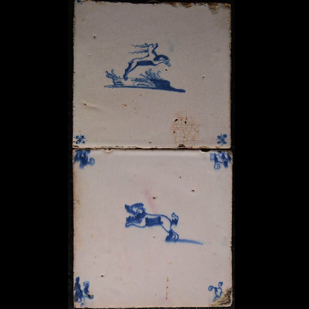2 Antique Delft 17th-century Tiles Landscape (1640-1680) Dog and Deer ...