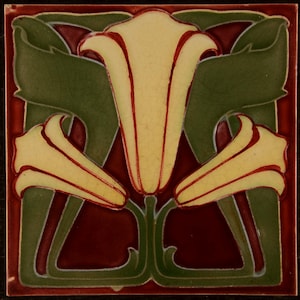 May include: A square ceramic tile featuring a stylised floral design. The tile depicts three yellow flowers with red outlines, set against a dark red background with green leaves.