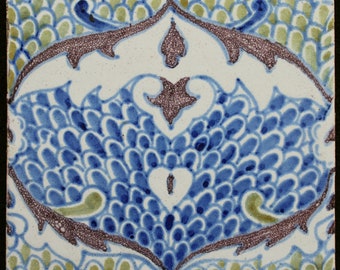 Tinglaze Dutch made Arts & Crafts tile Persian scale 1180 - 1920 Elsley London