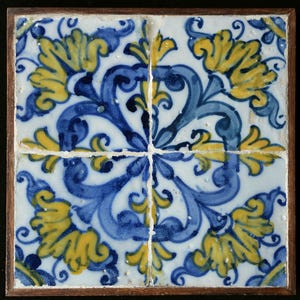 Set of Four 17th-Century Portuguese tiles Azulejos with Floral Motifs (c. 1670)