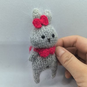 May include: A small gray crocheted bunny with a red bow and a red crocheted collar.