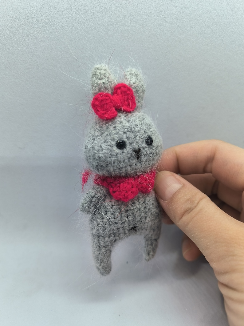 May include: A small gray crocheted bunny with a red bow and a red crocheted collar.