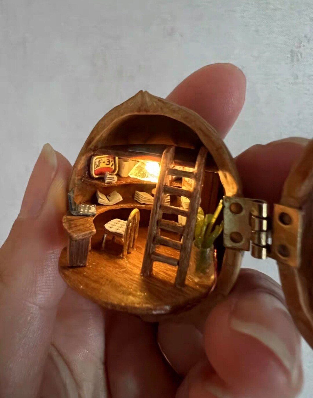 Walnut Shell Miniature Dollhouse Study Room With Light - Etsy
