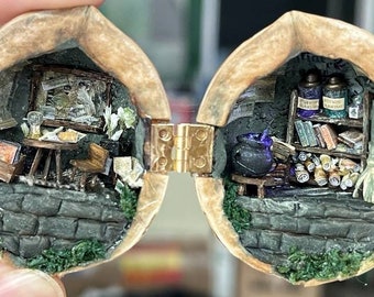 Casa de hadas en miniatura de cáscara de nogal hecha a mano: Escena caprichosa
