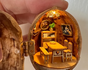 Miniature Walnut Shell Dollhouse: Handmade Furniture, Magnetic Light,living room
