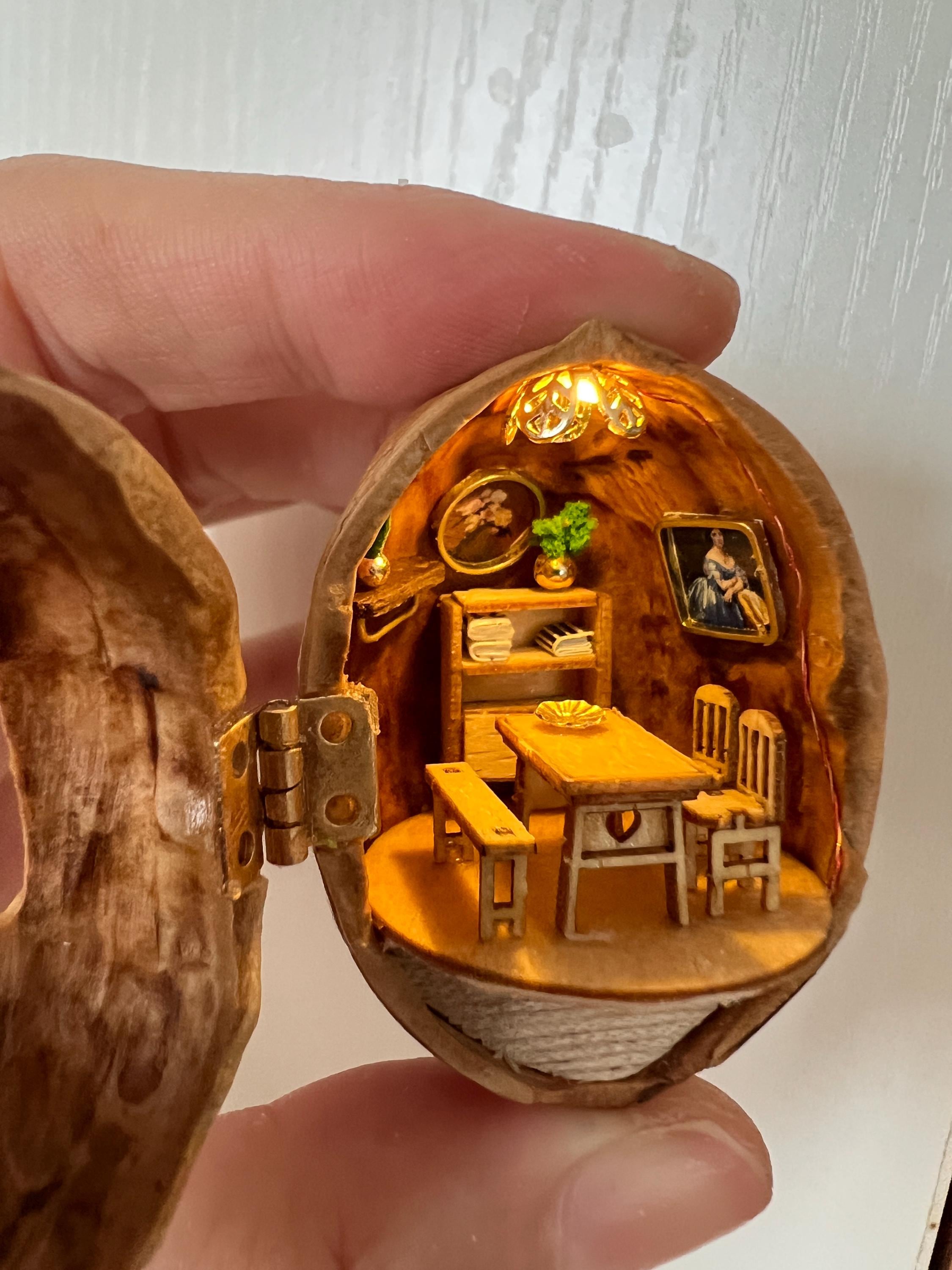 Miniature Walnut Shell Dollhouse: Handmade Furniture, Magnetic