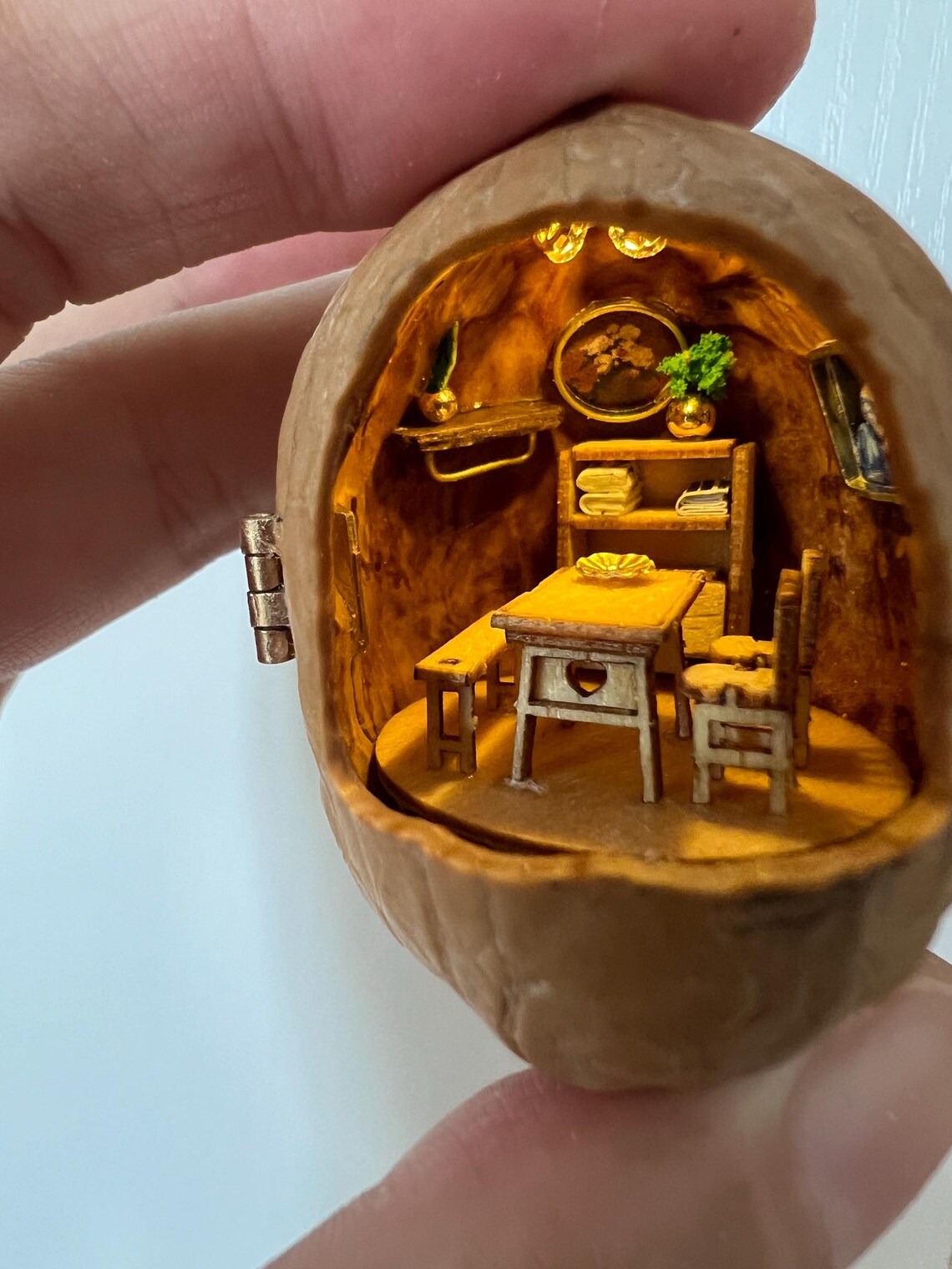 Miniature Walnut Shell Dollhouse: Handmade Furniture, Magnetic Light ...