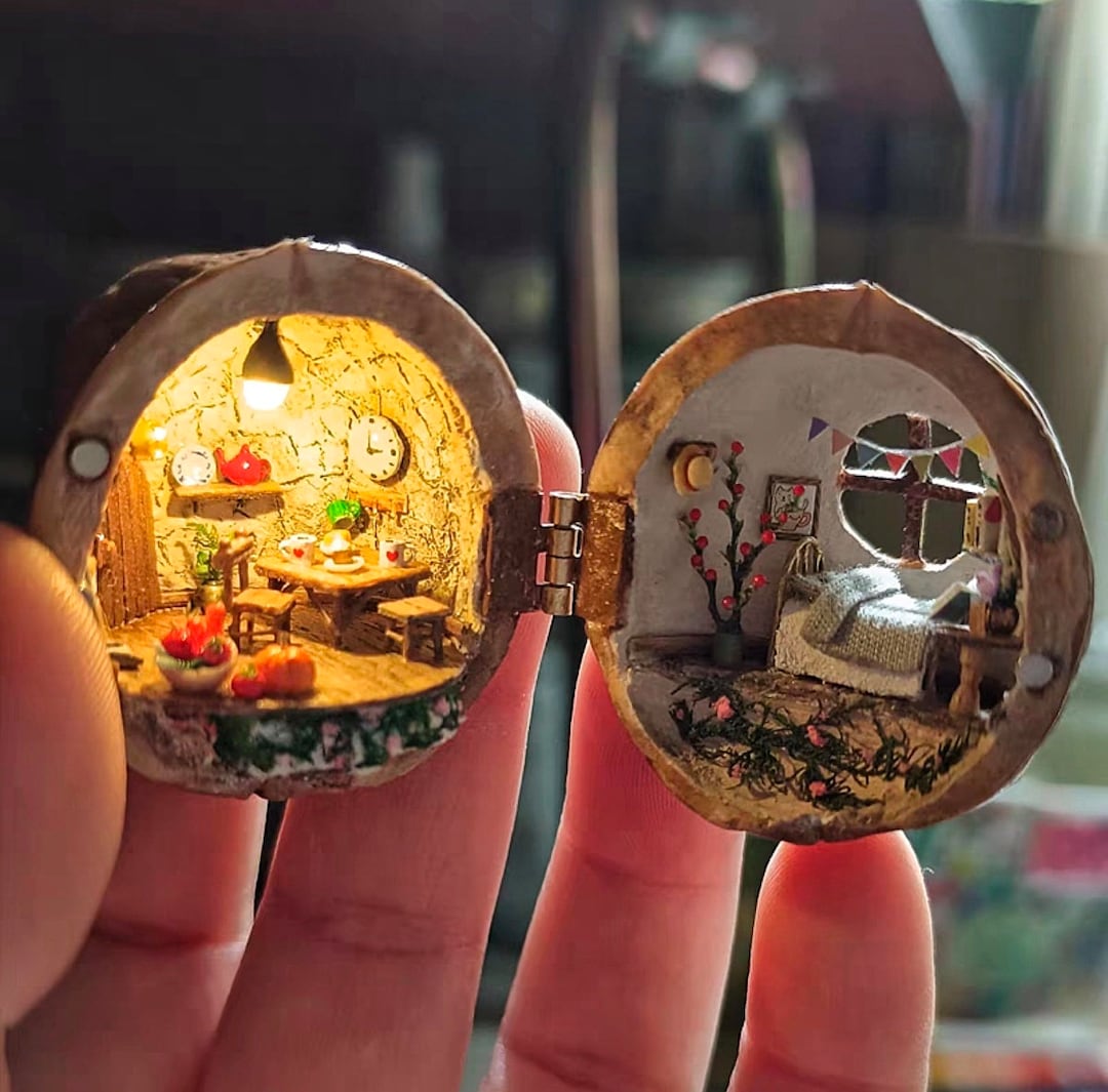 Miniature Walnut Shell Dollhouse, Lighted Tiny Home Decor - Etsy