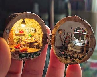 Casa delle bambole con guscio di noce, regalo di Natale, casa delle bambole in miniatura, paesaggio in miniatura, idea regalo