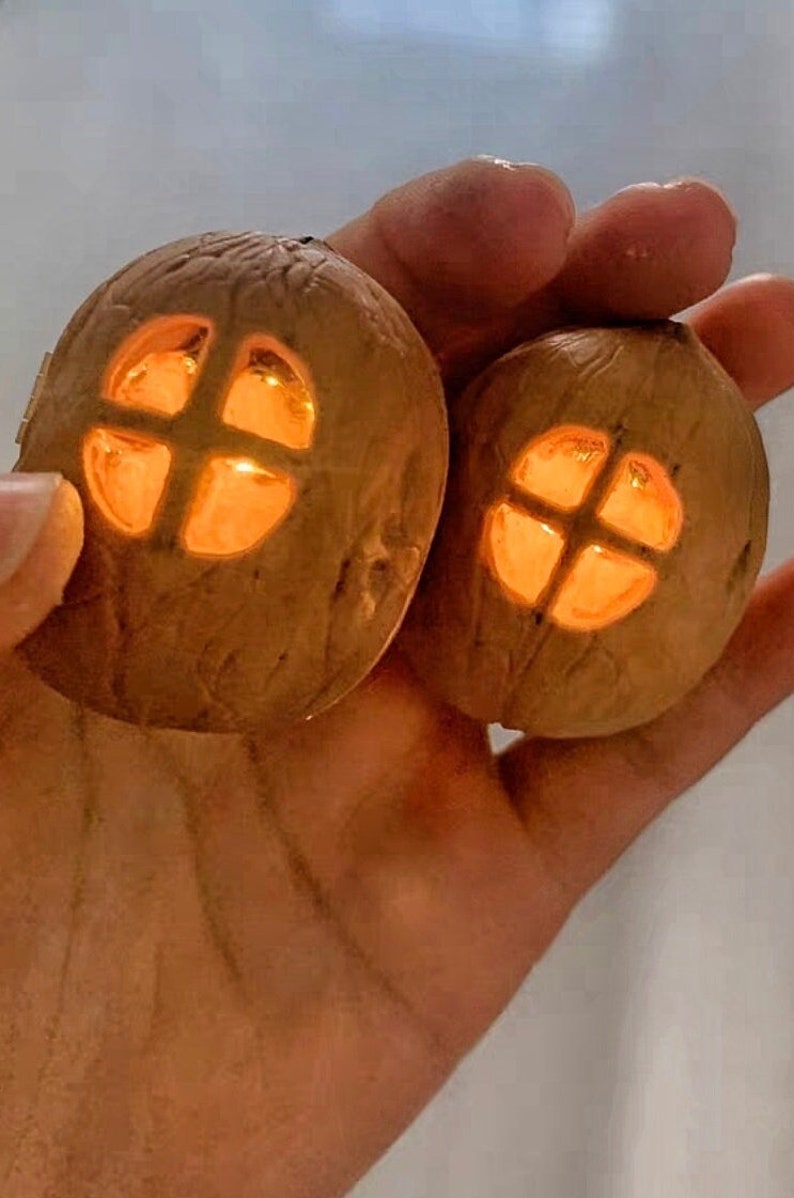 May include: Two brown walnut shells, each featuring a small, square-paned window cutout. A warm, glowing orange light emanates from within both shells, illuminating the textured, organic surface of the walnut exteriors against the dark background.