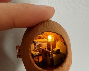 Casa de muñecas de nogal con muebles en miniatura: Escena en miniatura DIY, dormitorio