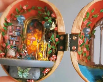 Handmade Miniature Walnut Shell House, Fairy Scene