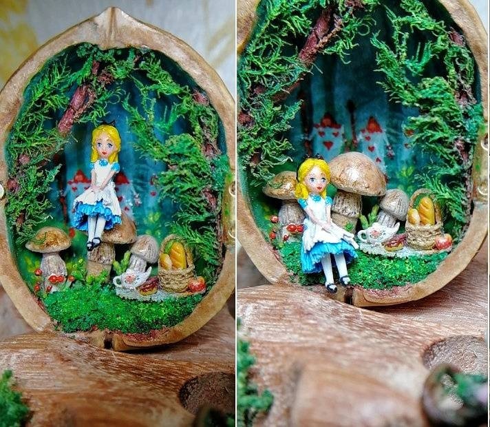 クルミの殻のミニチュアドールハウス、手作り粘土人形、女の子への