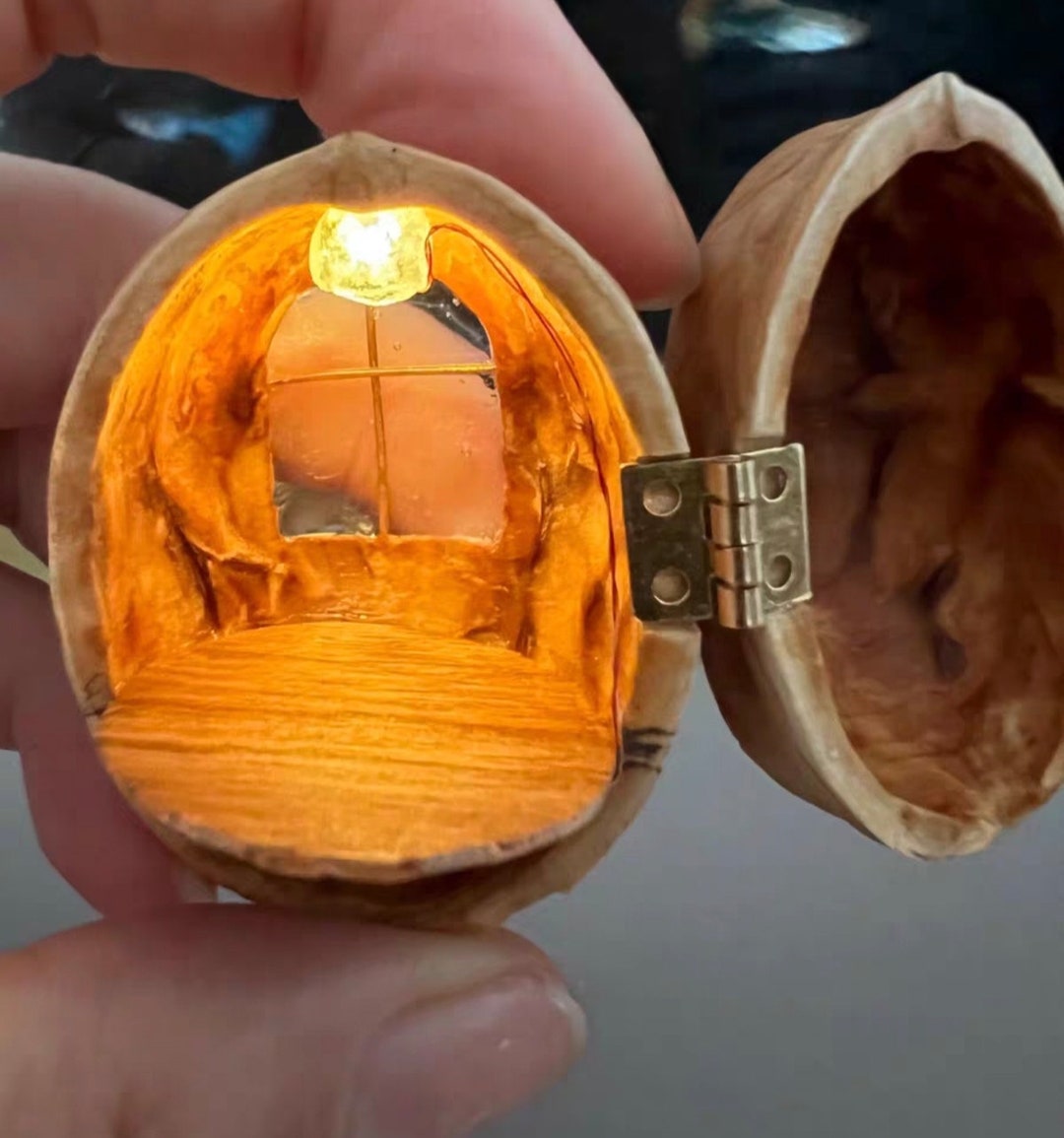 Empty Walnut Shell doll house, with window and light, Miniature scene ...