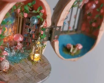 Casa de cáscara de nogal en miniatura hecha a mano, escena de hadas