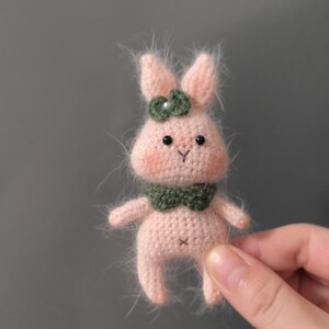May include: A small pink crocheted bunny with green felt ears and a green felt bow. The bunny has black eyes and a pink nose.