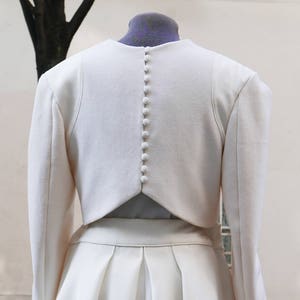 Bridal jacket, wedding bolero, wool, silk, off-white, long sleeves, pleated sleeves, small buttons