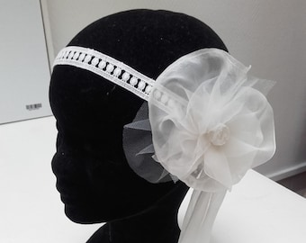 Bridal headband, lace flower and silk ribbons to tie