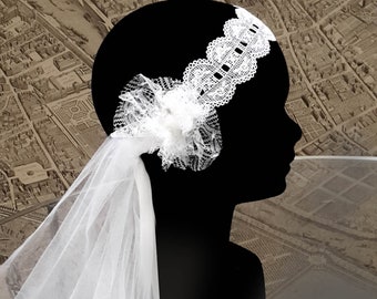 Headband de mariée,  coiffe mariage a nouer , guipure et fleurs en tulle, mousseline de soie, inspiration rétro