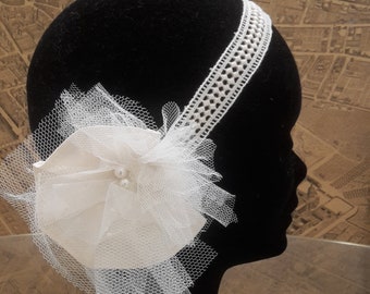 Headband de mariage, coiffe vintage en dentelle et liens a nouer dans la coiffure, ecru