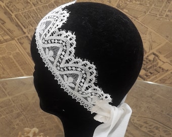 Headband mariage , coiffe en dentelle "Arts Déco" et pans de mousseline de soie a nouer