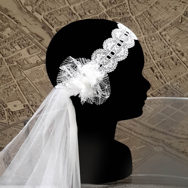 Headband de mariée,  coiffe mariage a nouer , guipure et fleurs en tulle, mousseline de soie, inspiration rétro