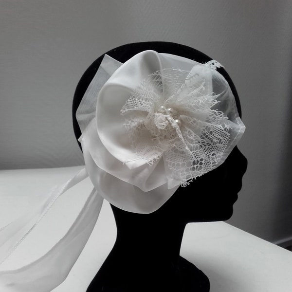 Bibi mariage, coiffe de mariée, fleur, dentelle, soie, coton, rubans