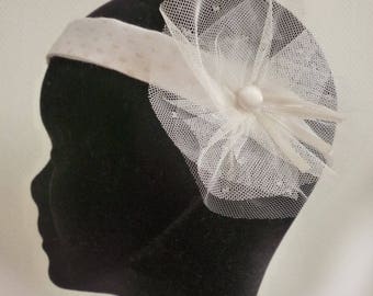 Bibi bridal headband, flower, tulle, plumetis, button, ribbons, retro inspiration, 'Roaring Twenties'