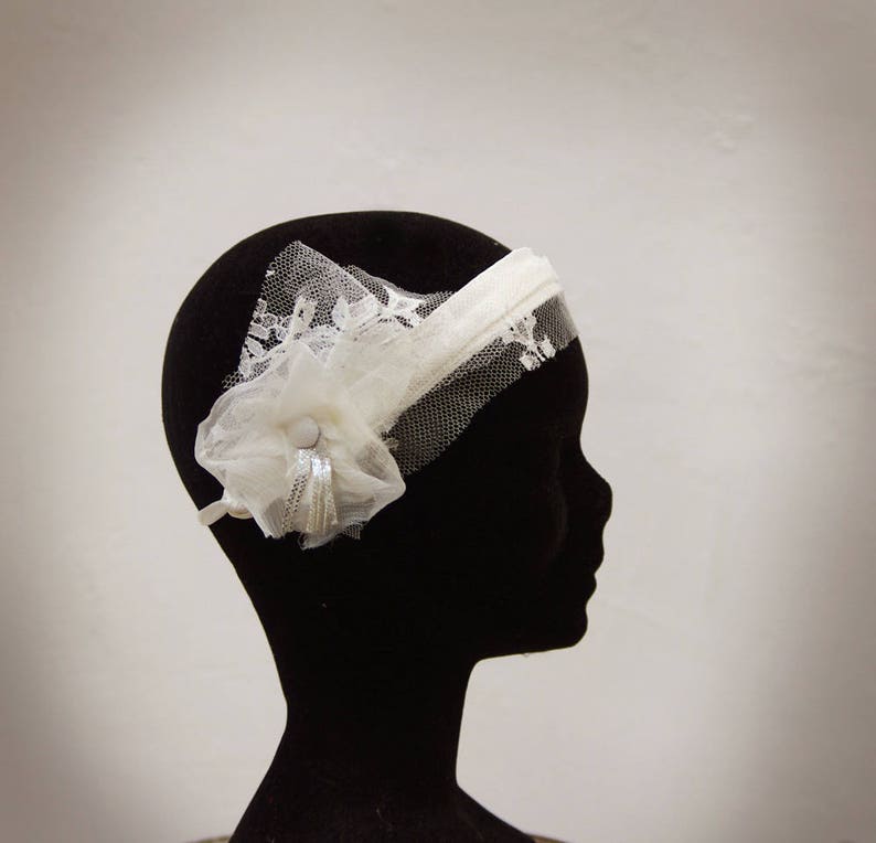 ribbons retro-inspired Bridal /'crazy years/' headpiece accessory wedding flower silk lace silk button silver leather