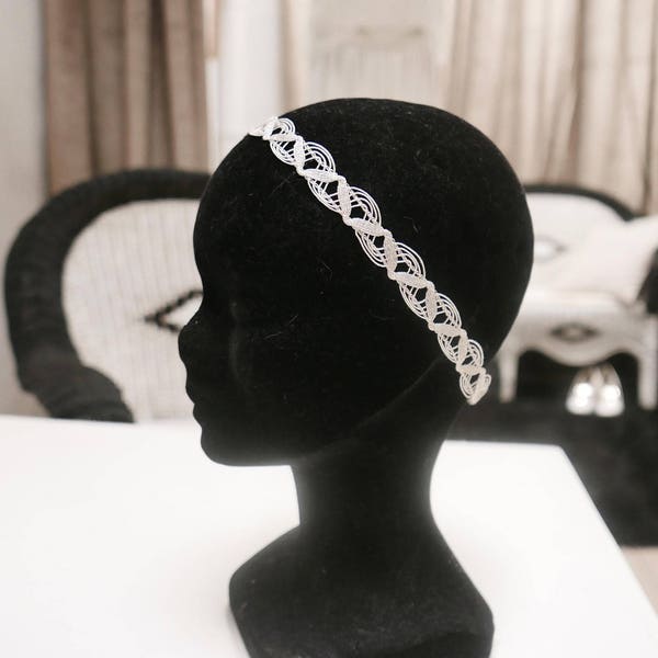 Headband dentelle, bandeau mariage, argent tressé