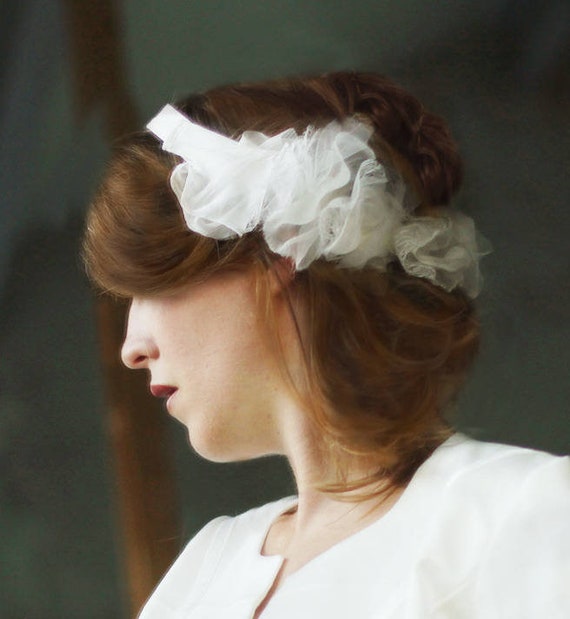 Bridal Headband, Flower Crown, White, Silk, Tulle, Lace  display picture 2