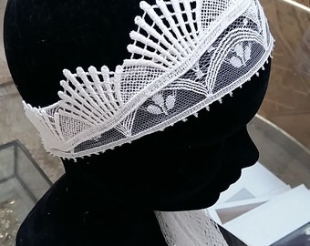 Coiffe de mariée en dentelle, guipure et tulle résille, bandeau de dentelle a nouer