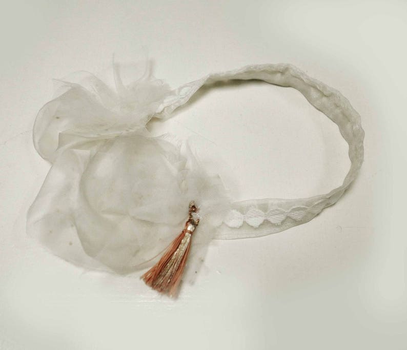 Headband de mariage a fleur en tulle, soie et pompon blanc et rose image 4