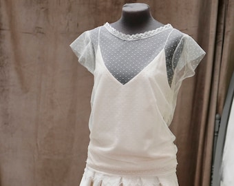 Wedding top, transparent, tulle plumetis, lace, off-white, short sleeves