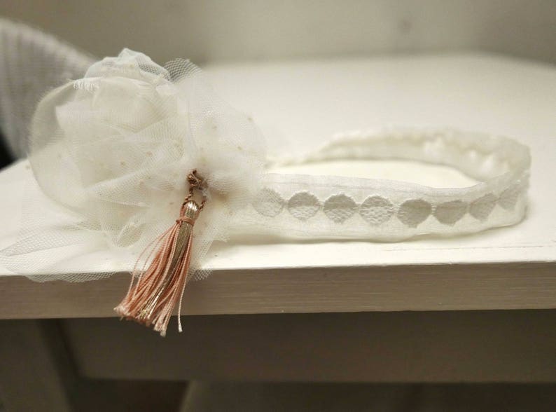 Headband de mariage a fleur en tulle, soie et pompon blanc et rose image 5