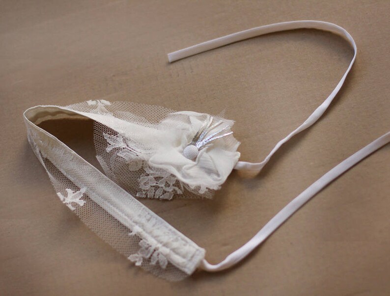 ribbons retro-inspired Bridal /'crazy years/' headpiece accessory wedding flower silk lace silk button silver leather