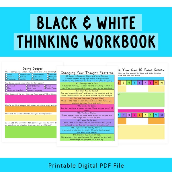 Black and White Thinking | Mental Health Worksheets | Self-Help | Depression Worksheet | Cognitive Distortions | Thought Processing | CBT