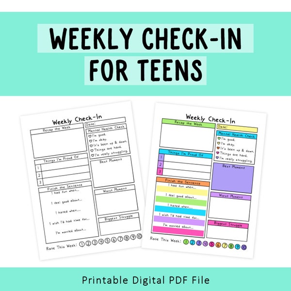 Weekly Check-In For Teens | Teen Mental Health | School | Journaling for Students | High School Mental Health | Teenager Mental Health