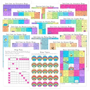K&ouml;nnte beinhalten: Ein Satz von zehn bunten Bingokarten mit verschiedenen Themen zur Selbstpflege, darunter Extrovertierte, Introvertierte, Entr&uuml;mpelung, Angst, Naturliebhaber, Sommer, Regentage, Winter, Fr&uuml;hling und Herbst. Jede Karte hat ein Raster mit 25 Feldern mit verschiedenen Selbstpflege-Aktivit&auml;ten, die es zu erledigen gilt. Die Karten sind mit Regenb&ouml;gen und Herzen verziert.