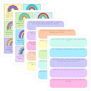 May include: A printable worksheet with rainbow illustrations and prompts for self-reflection and intention setting. The worksheet includes questions like "What are your must-haves?" and "What does self-care look like for your intention?"