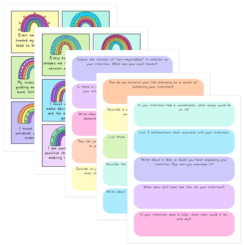 May include: A printable worksheet with rainbow illustrations and prompts for self-reflection and intention setting. The worksheet includes questions like "What are your must-haves?" and "What does self-care look like for your intention?"