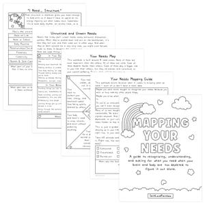 May include: A collection of white workbooks with black text and line drawings. The workbooks are titled "I Need... Structure," "Unnoticed and Unmet Needs," "Your Needs Map," and "Mapping Your Needs." The cover of the last workbook has a rainbow graphic.