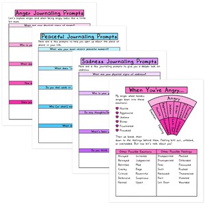 May include: Four sheets of journaling prompts, including titles such as "Anger Journaling Prompts" and "Peaceful Journaling Prompts." Each sheet has a different colour scheme and contains prompts designed to encourage self-reflection and explore emotions.