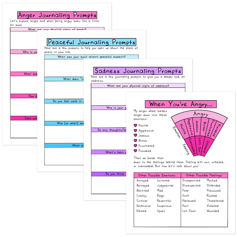 May include: Four sheets of journaling prompts, including titles such as "Anger Journaling Prompts" and "Peaceful Journaling Prompts." Each sheet has a different colour scheme and contains prompts designed to encourage self-reflection and explore emotions.