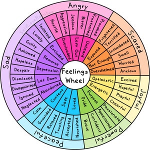 May include: A Feelings Wheel diagram with segments for "Angry," "Sad," "Joyful," and "Scared." The wheel displays emotions such as "Frustrated," "Lonely," and "Hopeful." The diagram is designed to help identify and understand feelings.