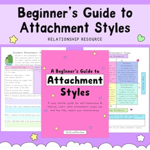 Op de afbeelding: Een digitale educatieve bron getiteld Beginner's Guide to Attachment Styles met een roze omslag versierd met kleine gele en paarse sterren en hartjes. Het document bevat grafieken en tekst over hechtingsstijlen en relaties.