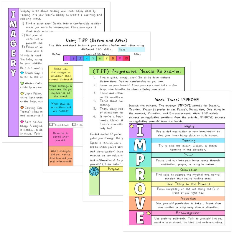 May include: A colorful chart with the acronym IMPROVE, which stands for Imagery, Meaning, Prayer, Relaxation, One Thing in the Moment, Vacation, and Encouragement. The chart is divided into sections with a star at the top and a description of each letter in the acronym.