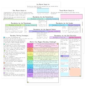 May include: A colorful printable worksheet with tips and strategies for setting healthy boundaries. The worksheet is divided into sections for different personality types, including the peacekeeper, overachiever, approval-seeker, avoider, and self-sacrificer. Each section includes a list of boundaries to focus on and boundary statements to help individuals communicate their needs.