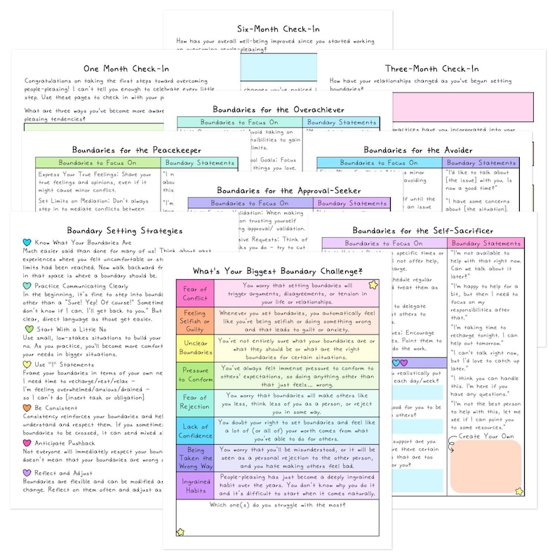 May include: A colorful printable worksheet with tips and strategies for setting healthy boundaries. The worksheet is divided into sections for different personality types, including the peacekeeper, overachiever, approval-seeker, avoider, and self-sacrificer. Each section includes a list of boundaries to focus on and boundary statements to help individuals communicate their needs.